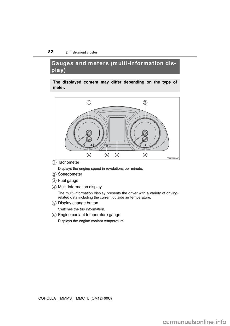 TOYOTA COROLLA 2015 11.G Owners Manual 822. Instrument cluster
COROLLA_TMMMS_TMMC_U (OM12F00U)
Tachometer
Displays the engine speed in revolutions per minute.
Speedometer
Fuel gauge
Multi-information display
The multi-information display p