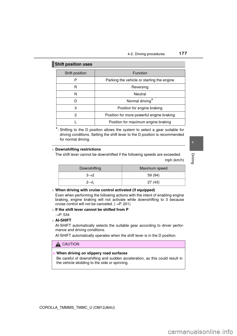 TOYOTA COROLLA 2016 11.G Owners Manual 1774-2. Driving procedures
4
Driving
COROLLA_TMMMS_TMMC_U (OM12J84U)
*: Shifting to the D position allows the system to select a gear suitable fordriving conditions. Setting the shift lever to the D p TOYOTA COROLLA 2016 11.G Owners Manual 1774-2. Driving procedures
4
Driving
COROLLA_TMMMS_TMMC_U (OM12J84U)
*: Shifting to the D position allows the system to select a gear suitable fordriving conditions. Setting the shift lever to the D p