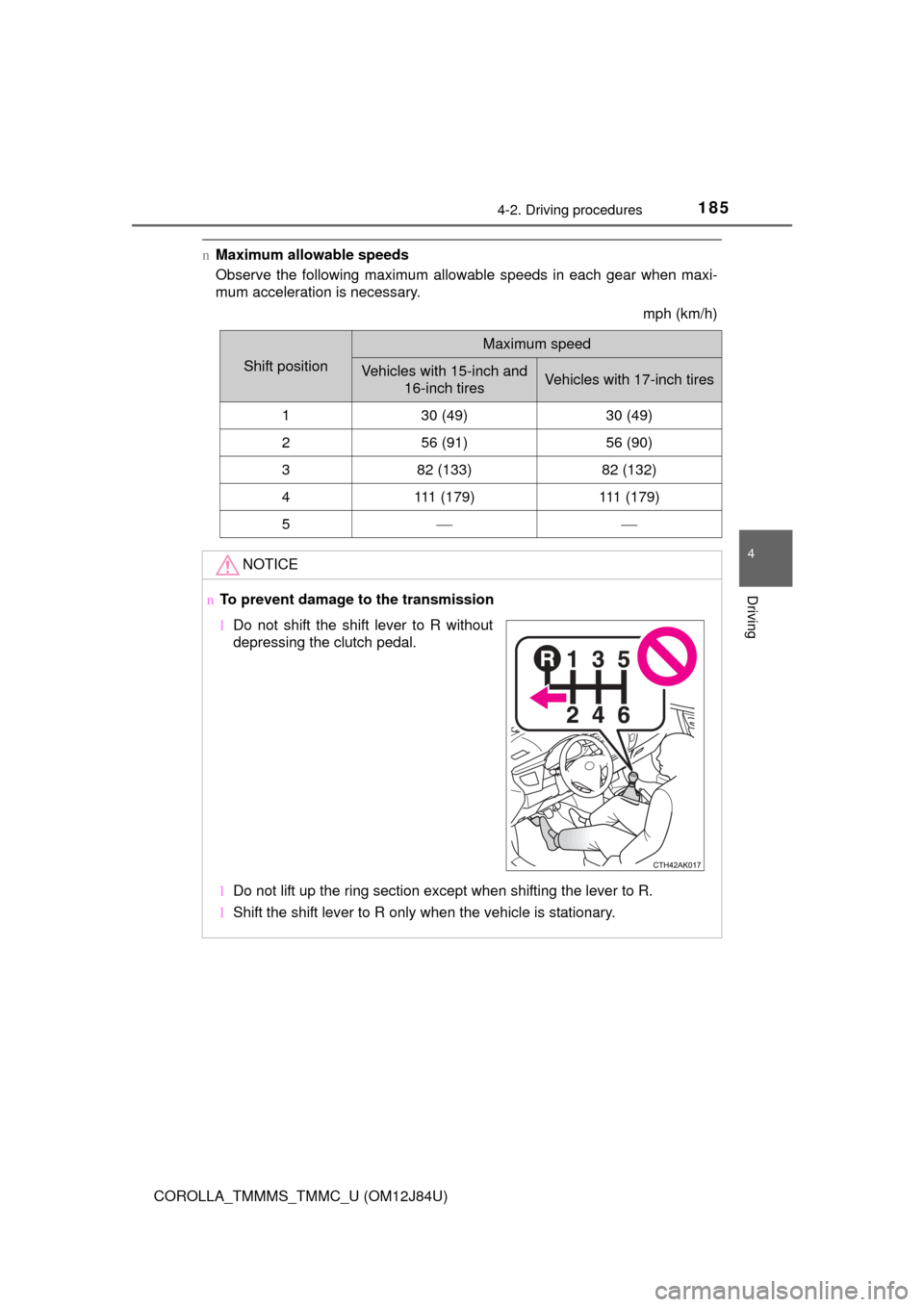 TOYOTA COROLLA 2016 11.G Owners Manual 1854-2. Driving procedures
4
Driving
COROLLA_TMMMS_TMMC_U (OM12J84U)
nMaximum allowable speeds
Observe the following maximum allowable speeds in each gear when maxi-
mum acceleration is necessary.
mph