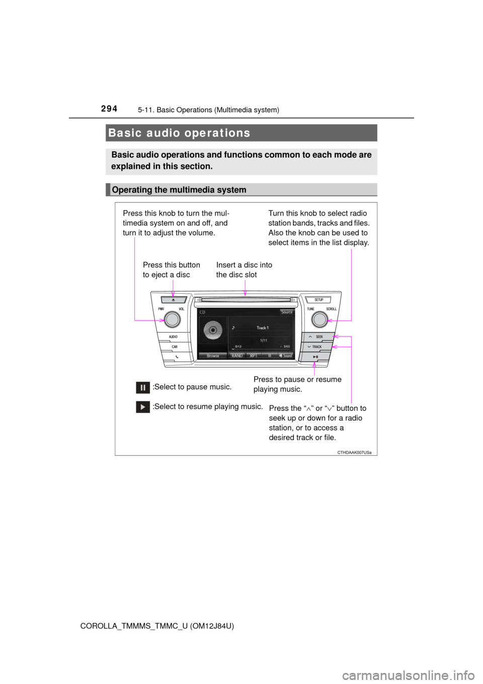 TOYOTA COROLLA 2016 11.G Owners Manual 2945-11. Basic Operations (Multimedia system)
COROLLA_TMMMS_TMMC_U (OM12J84U)
Basic audio operations
Basic audio operations and functions common to each mode are
explained in this section.
Operating t
