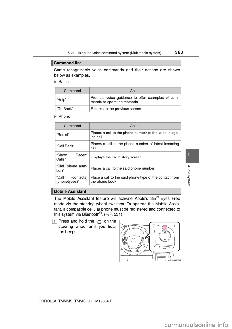 TOYOTA COROLLA 2016 11.G Owners Manual 3835-21. Using the voice command system (Multimedia system)
5
Audio system
COROLLA_TMMMS_TMMC_U (OM12J84U)
Some recognizable voice commands and their actions are shown
below as examples.
Basic
P