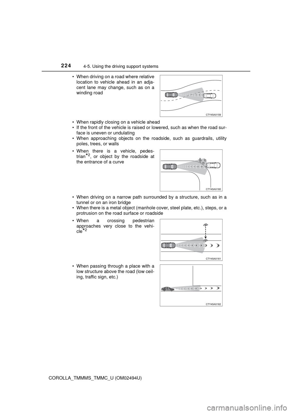 TOYOTA COROLLA 2017 11.G Owners Manual 2244-5. Using the driving support systems
COROLLA_TMMMS_TMMC_U (OM02494U)• When rapidly closing on a vehicle ahead
• If the front of the vehicle is raised or lowered, such as when the road sur-
fa