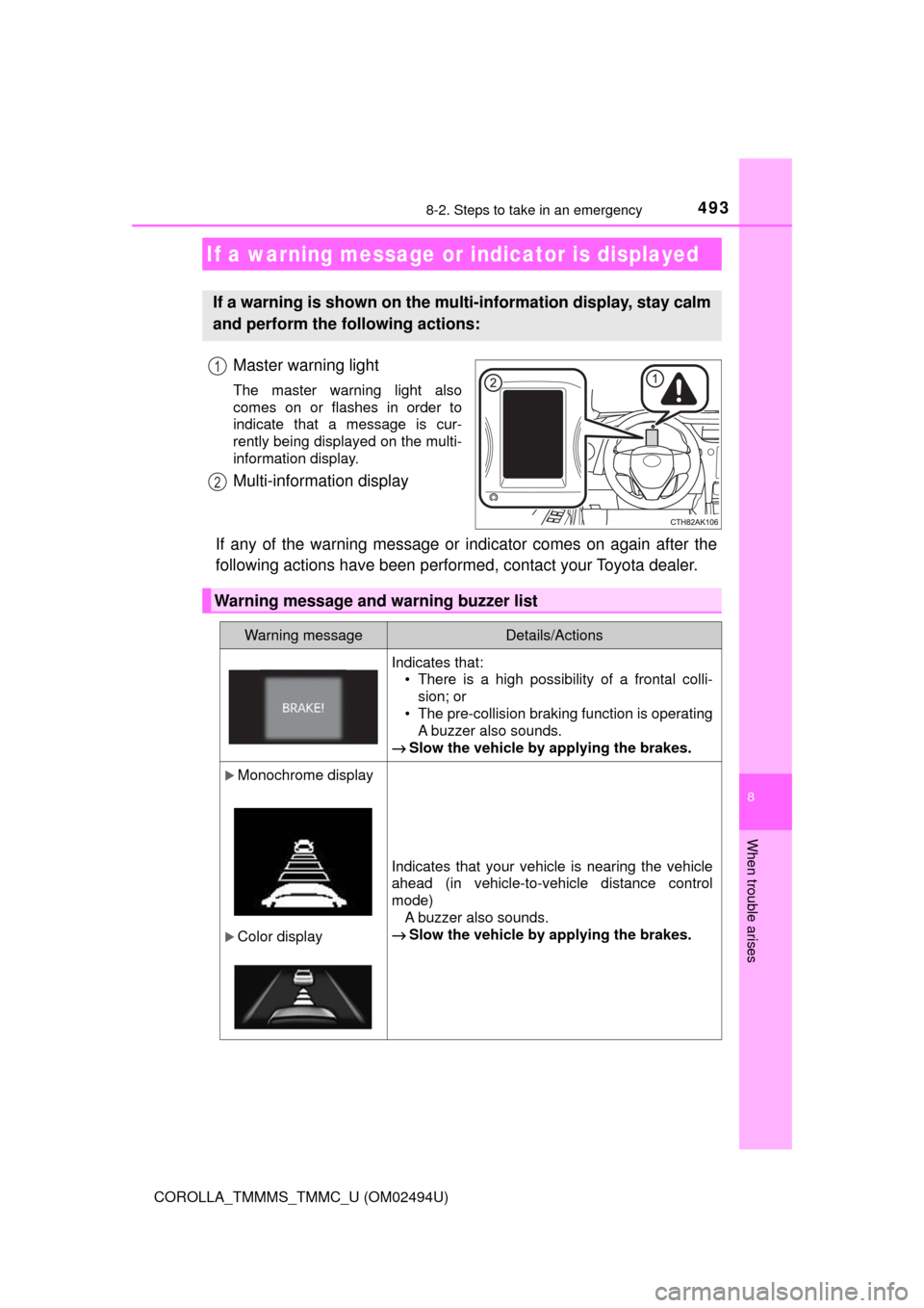 TOYOTA COROLLA 2017 11.G Owners Manual 4938-2. Steps to take in an emergency
8
When trouble arises
COROLLA_TMMMS_TMMC_U (OM02494U)
Master warning light
The master warning light also
comes on or flashes in order to
indicate that a message i