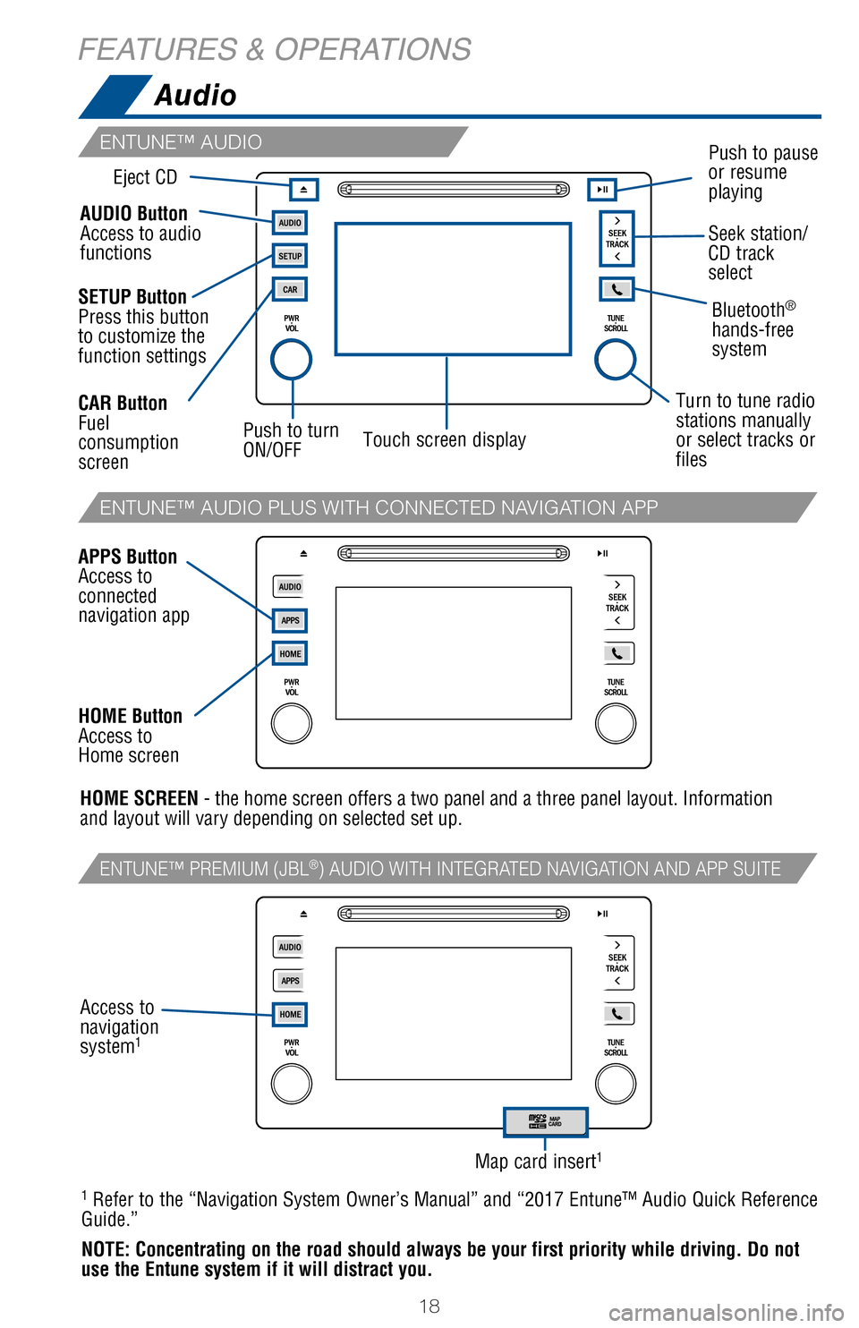 TOYOTA COROLLA 2017 11.G Quick Reference Guide 18
FEATURES & OPERATIONS
ENTUNE™ AUDIO
ENTUNE™ AUDIO PLUS WITH CONNECTED NAVIGATION APP
ENTUNE™ PREMIUM (JBL®) AUDIO WITH INTEGRATED NAVIGATION AND APP SUITE
Bluetooth® hands-free  system
AUDI