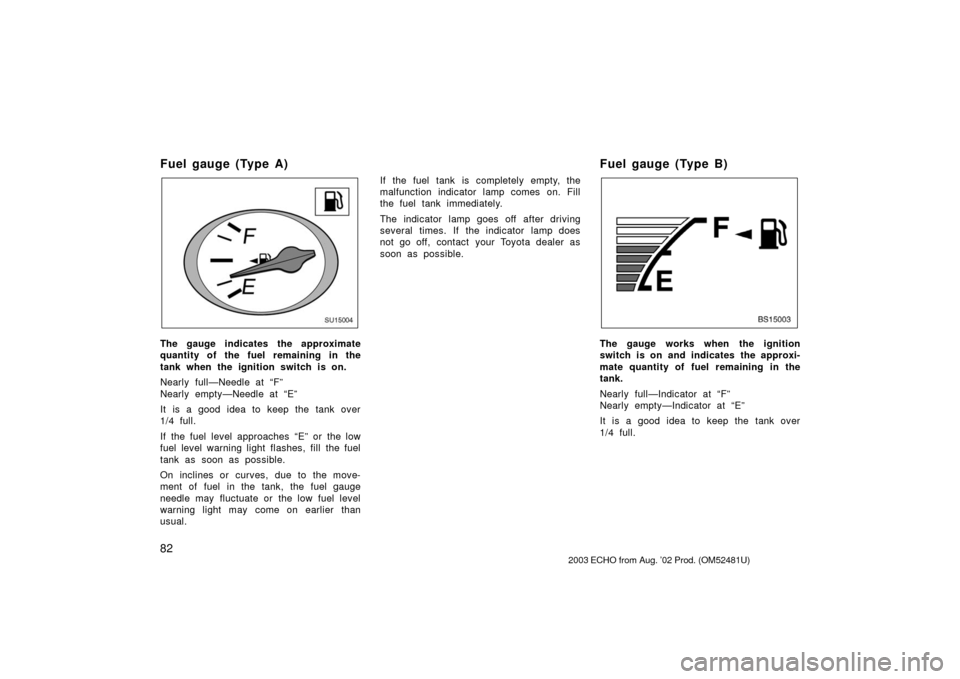 TOYOTA ECHO 2003 1.G Owners Manual 82
Fuel gauge (Type A)
SU15004
The gauge indicates the approximate
quantity of the fuel remaining in the
tank when the ignition switch is on.
Nearly full—Needle at “F”
Nearly empty—Needle at 