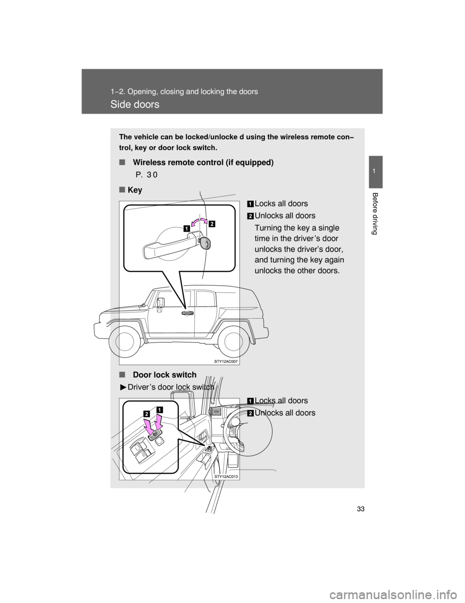 TOYOTA FJ CRUISER 2008 1.G Owners Manual 33
1
1−2. Opening, closing and locking the doors
Before driving
Side doors
The vehicle can be locked/unlocke d using the wireless remote con�
trol, key or door lock switch.
 Wireless remote control
