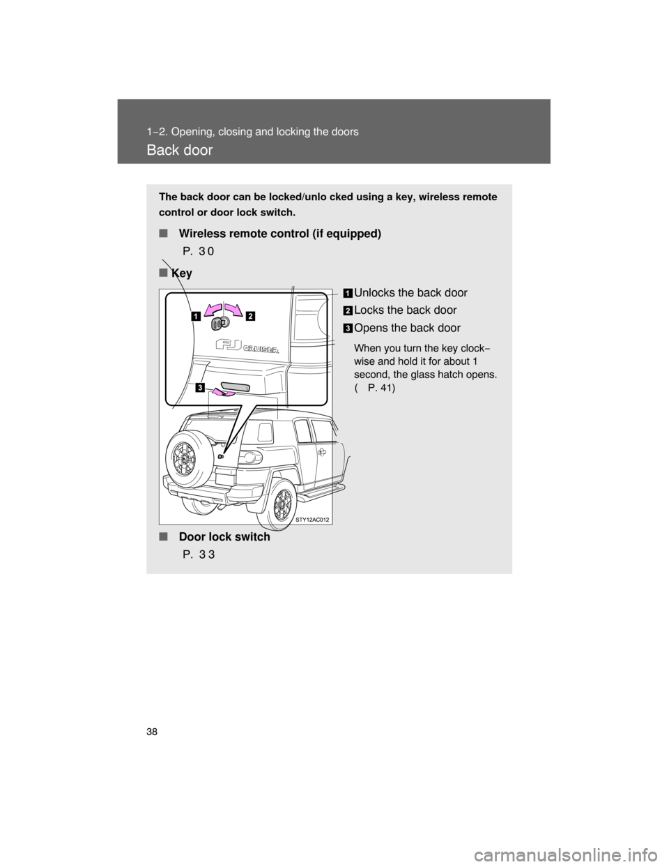 TOYOTA FJ CRUISER 2008 1.G Owners Manual 38
1−2. Opening, closing and locking the doors
Back door
The back door can be locked/unlo cked using a key, wireless remote
control or door lock switch.
 Wireless remote control (if equipped)
P.  3