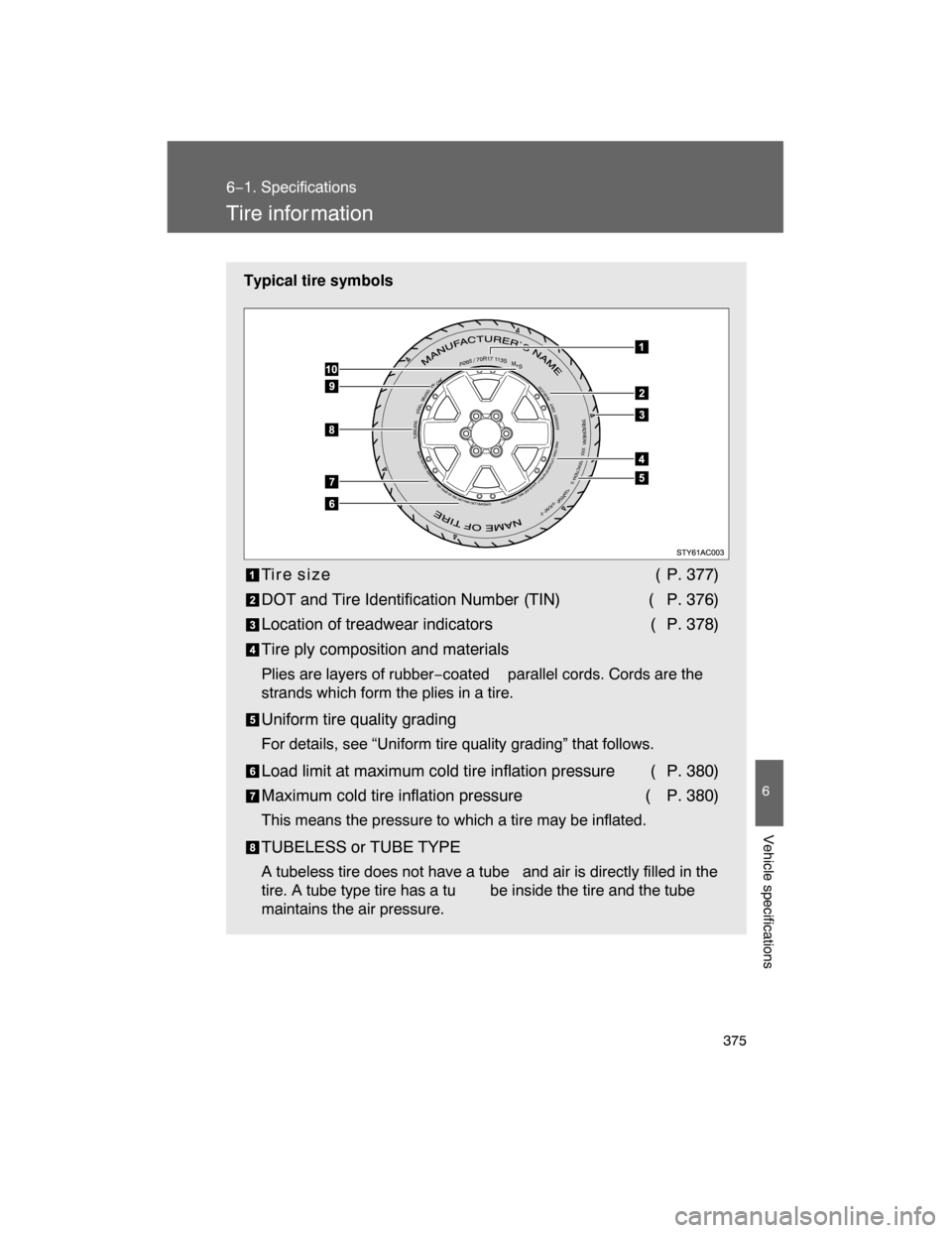 TOYOTA FJ CRUISER 2008 1.G Owners Manual 375
6−1. Specifications
6
Vehicle specifications
Tire infor mation
Typical tire symbols
Ti r e s i z e ( P. 377)
DOT and Tire Identification Number (TIN) ( P. 376)
Location of treadwear indicators TOYOTA FJ CRUISER 2008 1.G Owners Manual 375
6−1. Specifications
6
Vehicle specifications
Tire infor mation
Typical tire symbols
Ti r e s i z e ( P. 377)
DOT and Tire Identification Number (TIN) ( P. 376)
Location of treadwear indicators