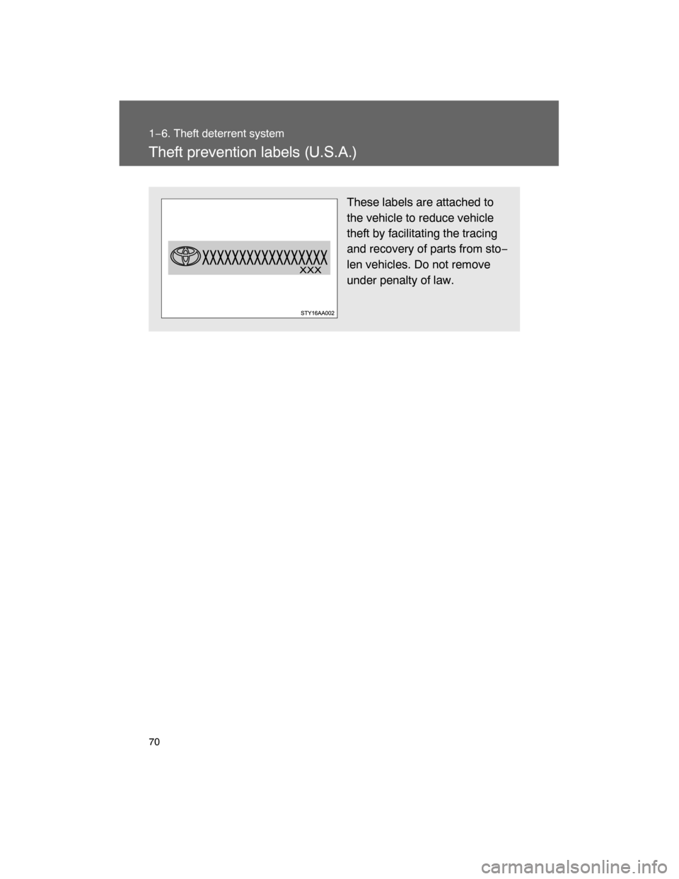 TOYOTA FJ CRUISER 2008 1.G Owners Manual 70
1−6. Theft deterrent system
Theft prevention labels (U.S.A.)
These labels are attached to
the vehicle to reduce vehicle
theft by facilitating the tracing
and recovery of parts from sto−
len veh