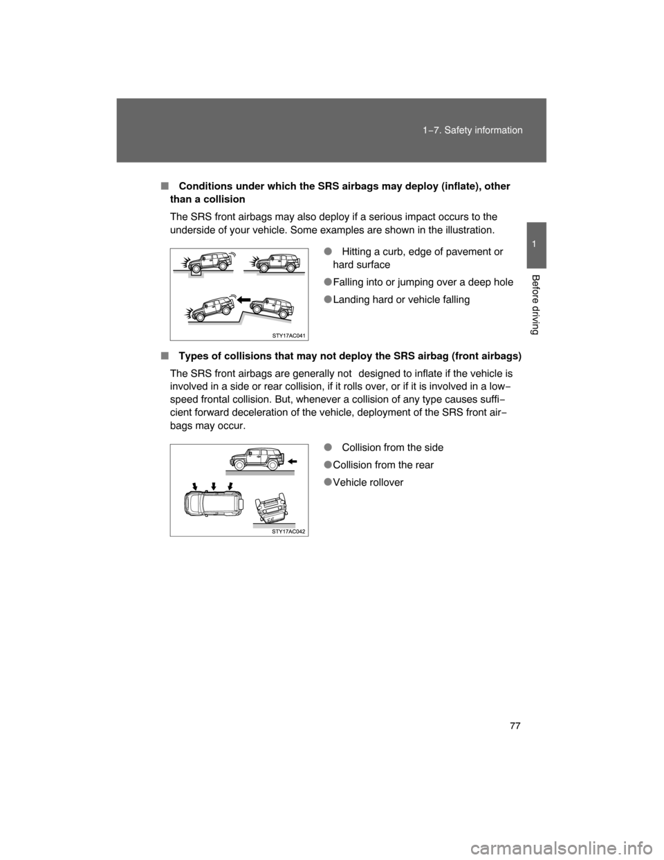 TOYOTA FJ CRUISER 2008 1.G Owners Manual 77
1−7. Safety information
1
Before driving
 Conditions under which the SRS airbags may deploy (inflate), other
than a collision
The SRS front airbags may also deploy if a serious impact occurs to 