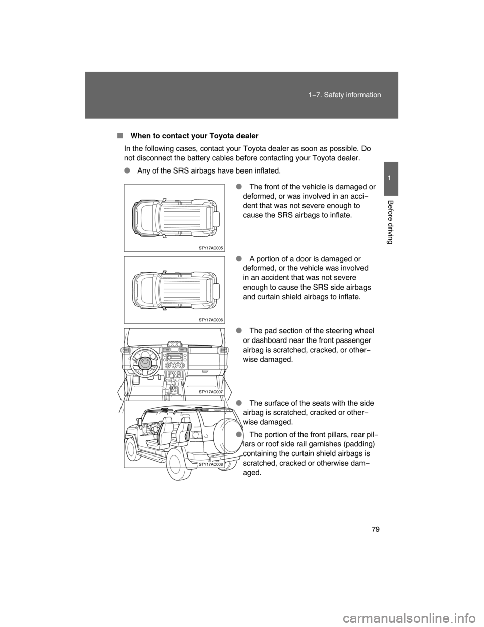 TOYOTA FJ CRUISER 2008 1.G Owners Manual 79
1−7. Safety information
1
Before driving
When to contact your Toyota dealer
In the following cases, contact your Toyota dealer as soon as possible. Do
not disconnect the battery cables before c TOYOTA FJ CRUISER 2008 1.G Owners Manual 79
1−7. Safety information
1
Before driving
When to contact your Toyota dealer
In the following cases, contact your Toyota dealer as soon as possible. Do
not disconnect the battery cables before c