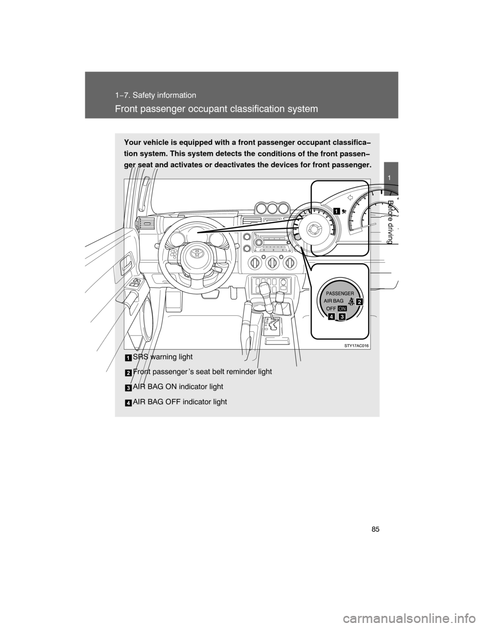 TOYOTA FJ CRUISER 2008 1.G Owners Manual 85
1
1−7. Safety information
Before driving
Front passenger occupant classification system
Your vehicle is equipped with a front passenger occupant classifica�
tion system. This system detects the
c