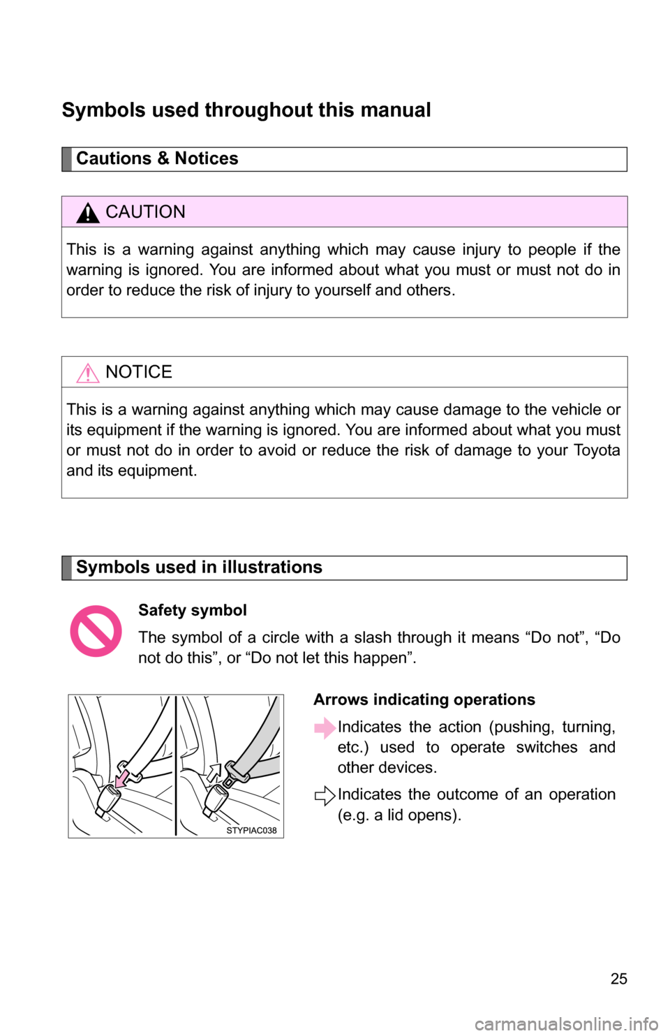 TOYOTA FJ CRUISER 2009 1.G Owners Manual 25
Symbols used throughout this manual
Cautions & Notices 
Symbols used in illustrations
CAUTION
This is a warning against anything which may cause injury to people if the
warning is ignored. You are 