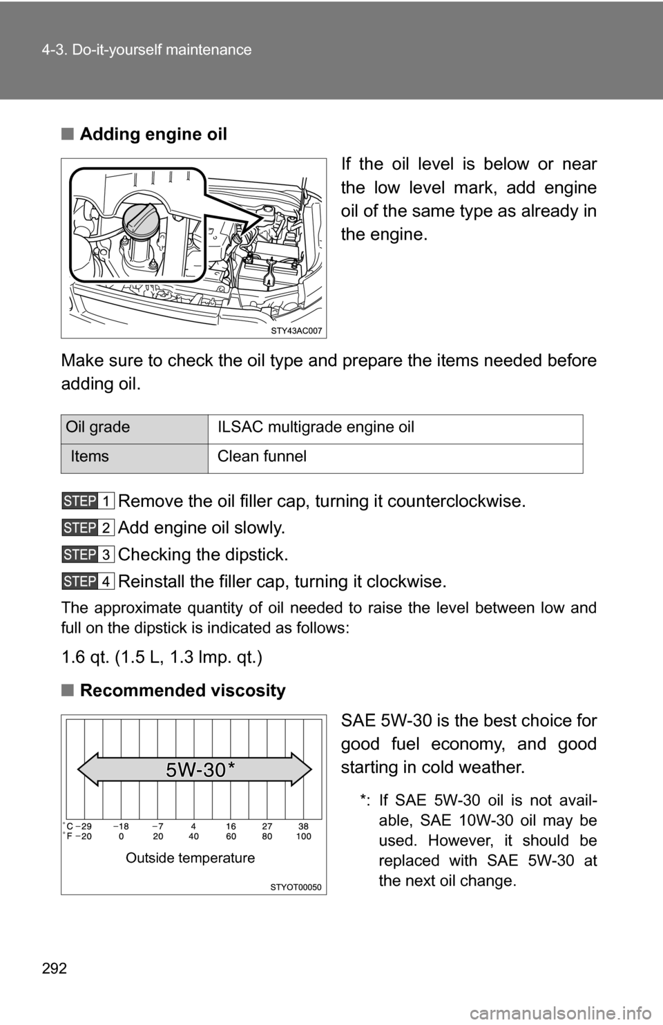 TOYOTA FJ CRUISER 2009 1.G Owners Manual 292 4-3. Do-it-yourself maintenance
■Adding engine oil
If the oil level is below or near
the low level mark, add engine
oil of the same type as already in
the engine.
Make sure to check the oil type