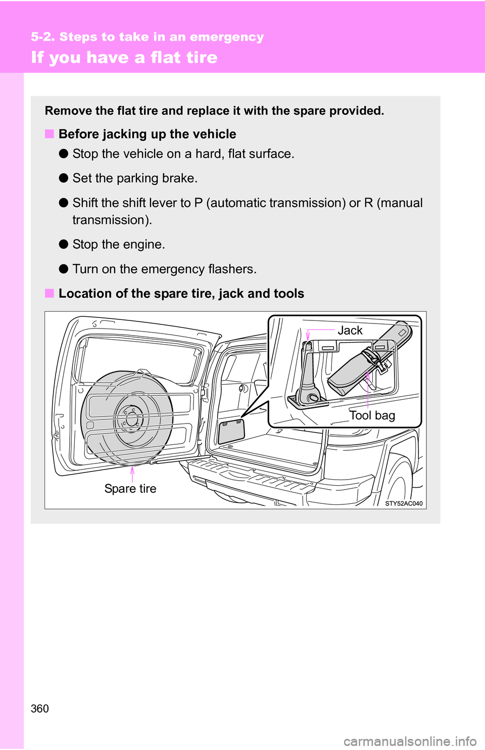TOYOTA FJ CRUISER 2009 1.G Owners Manual 360
5-2. Steps to take in an emergency
If you have a flat tire
Remove the flat tire and replace it with the spare provided.
■Before jacking up the vehicle
●Stop the vehicle on a hard, flat surface