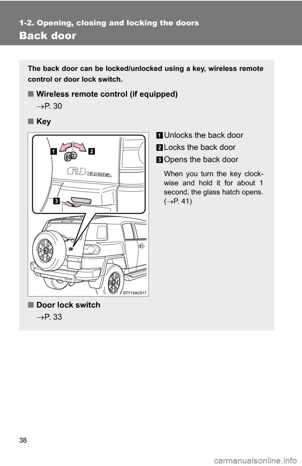 TOYOTA FJ CRUISER 2009 1.G Owners Manual 38
1-2. Opening, closing and locking the doors
Back door
The back door can be locked/unlocked using a key, wireless remote
control or door lock switch.
■ Wireless remote control (if equipped)
P. 