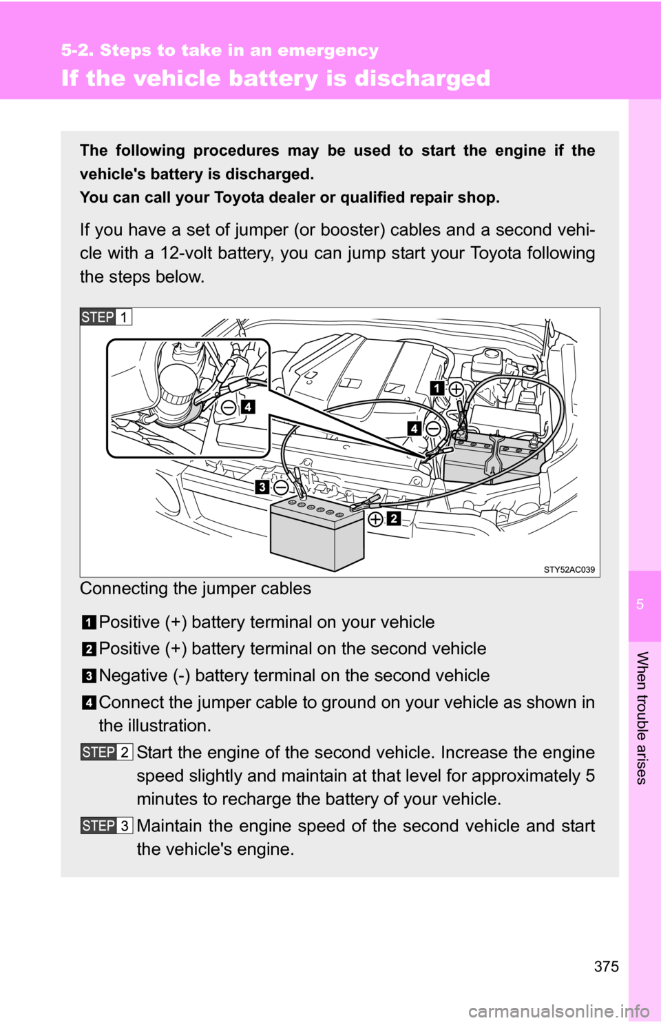TOYOTA FJ CRUISER 2009 1.G Owners Manual 5
When trouble arises
375
5-2. Steps to take in an emergency
If the vehicle batter y is discharged
The following procedures may be used to start the engine if the
vehicles battery is discharged.
You 