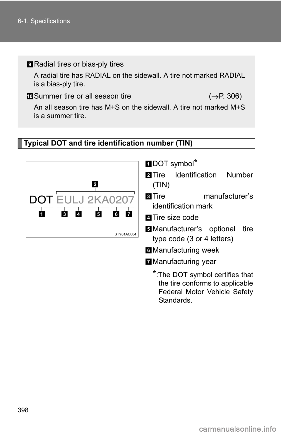 TOYOTA FJ CRUISER 2009 1.G Owners Manual 398 6-1. Specifications
Typical DOT and tire identification number (TIN)DOT symbol
*
Tire Identification Number
(TIN)
Tire manufacturer’s
identification mark
Tire size code
Manufacturer’s optional
