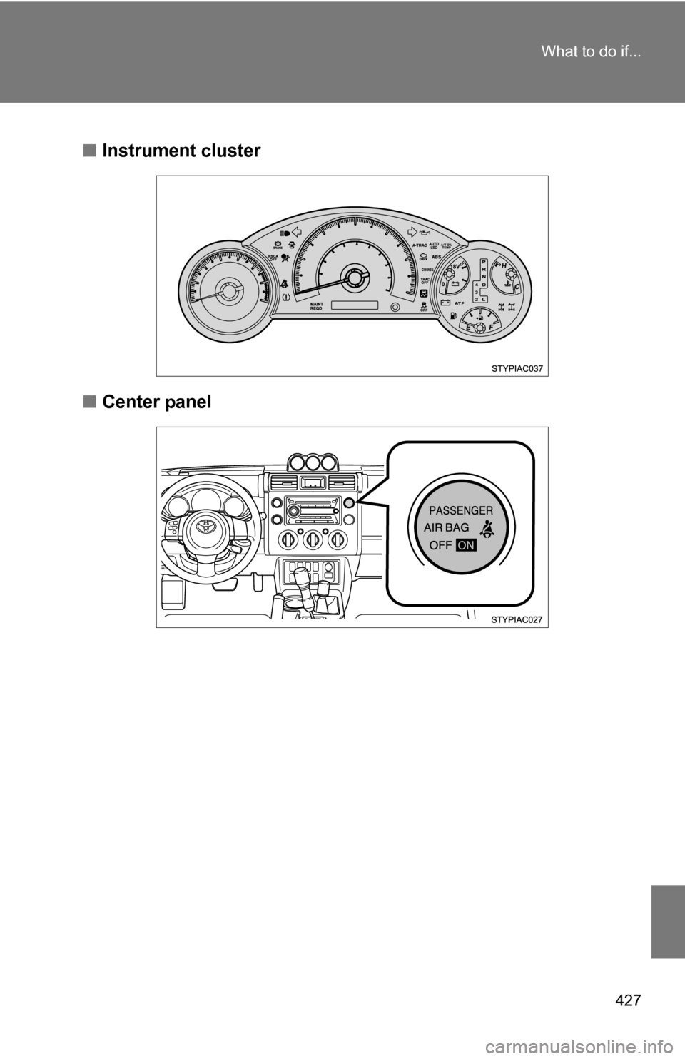 TOYOTA FJ CRUISER 2009 1.G Owners Manual 427
What to do if...
■
Instrument cluster
■ Center panel 