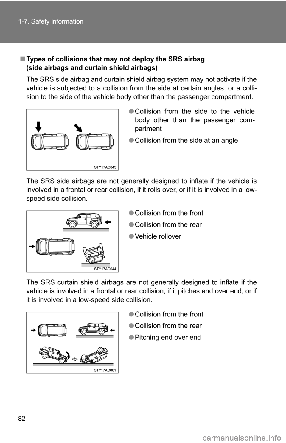 TOYOTA FJ CRUISER 2009 1.G Owners Manual 82 1-7. Safety information
■Types of collisions that may not deploy the SRS airbag 
(side airbags and curtain shield airbags)
The SRS side airbag and curtain shield airbag system may not activate if