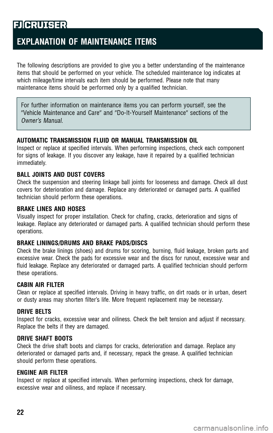 TOYOTA FJ CRUISER 2009 1.G Scheduled Maintenance Guide 