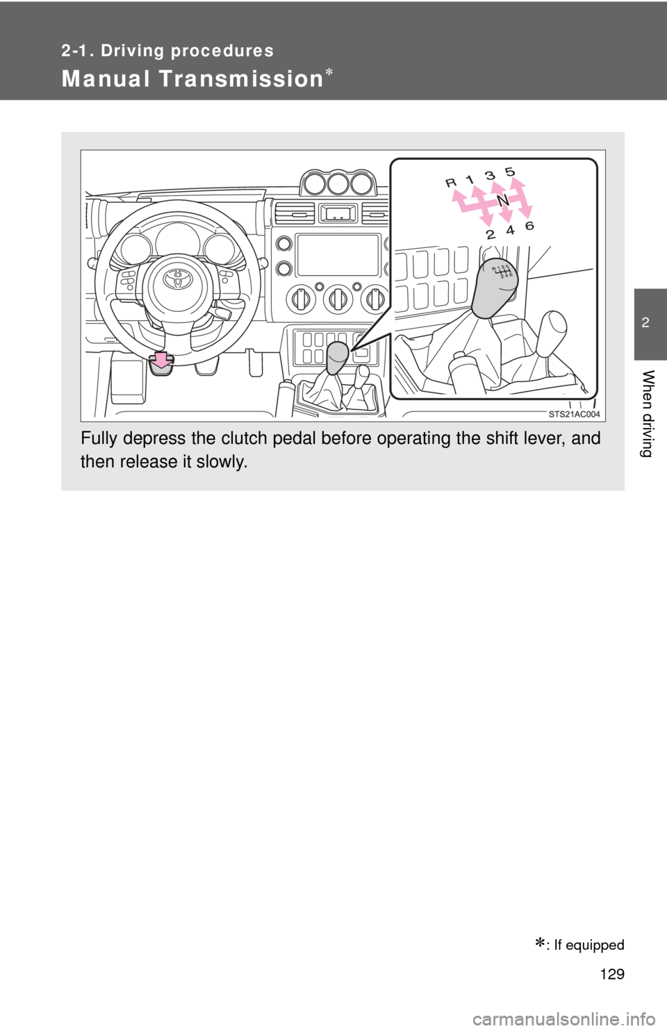 TOYOTA FJ CRUISER 2011 1.G Owners Manual 129
2-1. Driving procedures
2
When driving
Manual Transmission
: If equipped
Fully depress the clutch pedal before operating the shift lever, and
then release it slowly. 