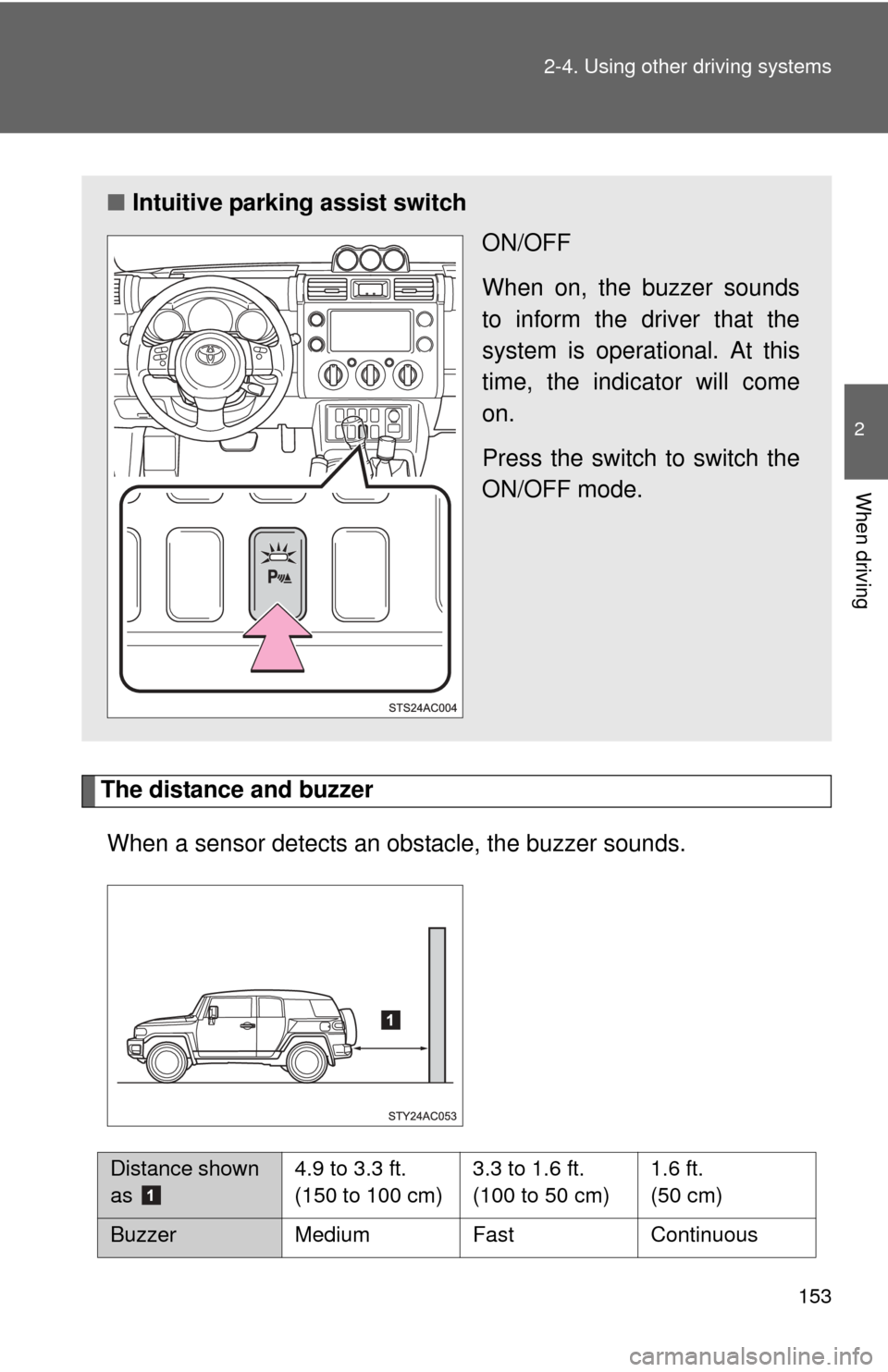 TOYOTA FJ CRUISER 2011 1.G Owners Manual 153
2-4. Using other 
driving systems
2
When driving
The distance and buzzer
When a sensor detects an obs tacle, the buzzer sounds.
■Intuitive parking assist switch
ON/OFF
When on, the buzzer sounds