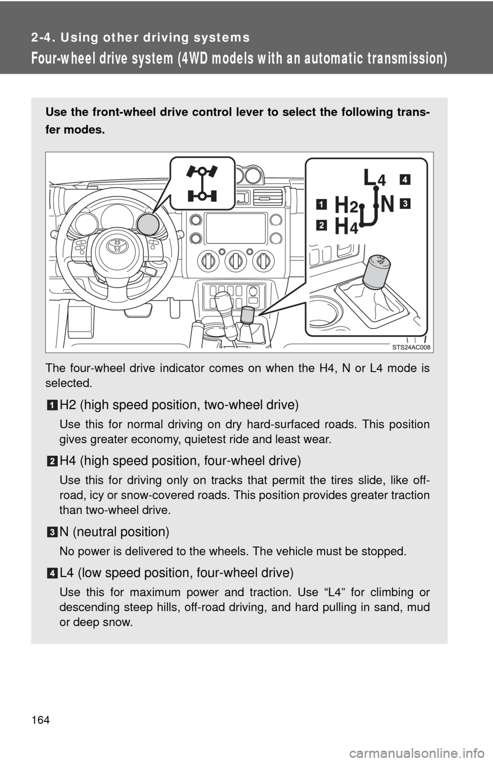 TOYOTA FJ CRUISER 2011 1.G Owners Manual 164
2-4. Using other driving systems
Four-wheel drive system (4WD models with an automatic transmission)
Use the front-wheel drive control lever to select the following trans-
fer modes.
The four-whee