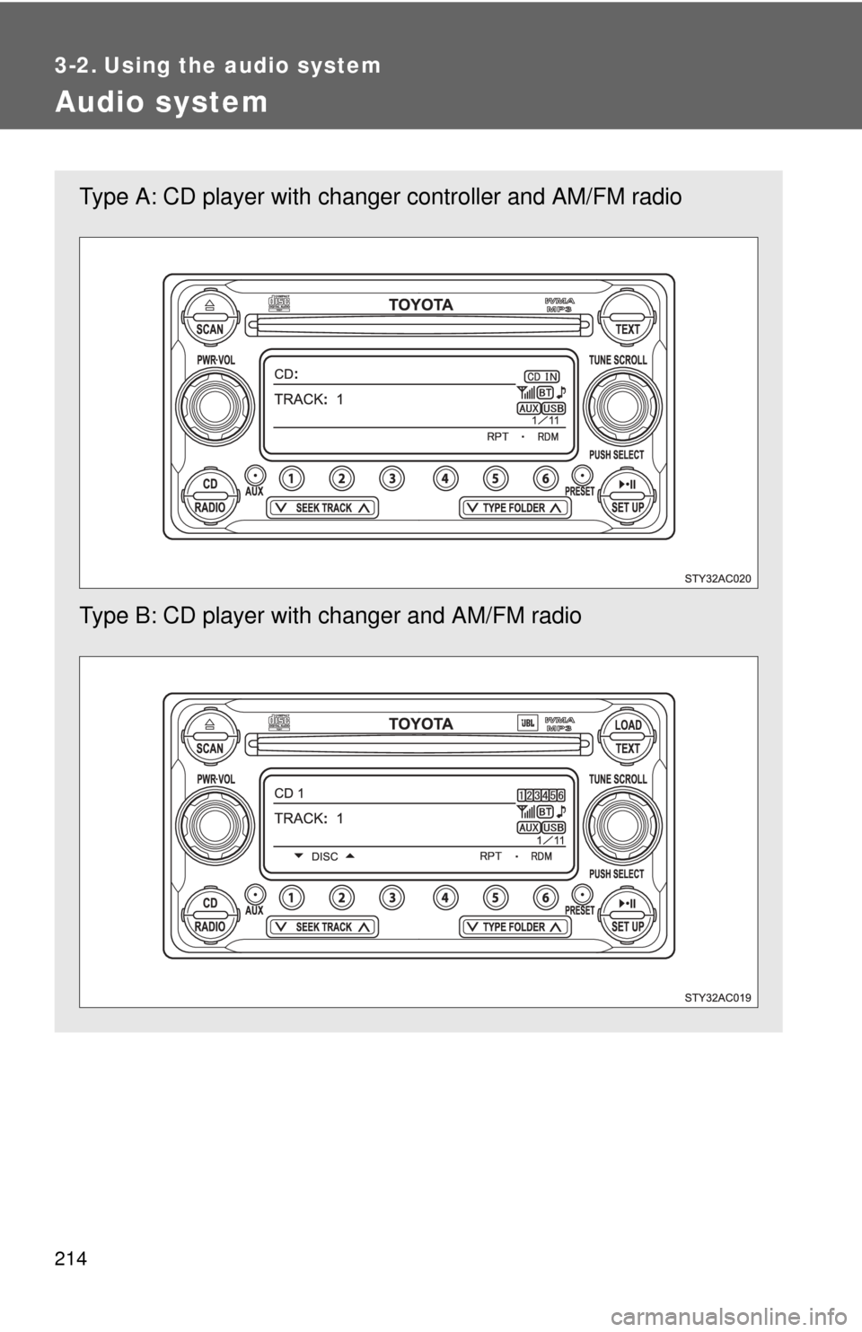 TOYOTA FJ CRUISER 2011 1.G Owners Manual 214
3-2. Using the audio system
Audio system
Type A: CD player with changer controller and AM/FM radio
Type B: CD player with changer and AM/FM radio 