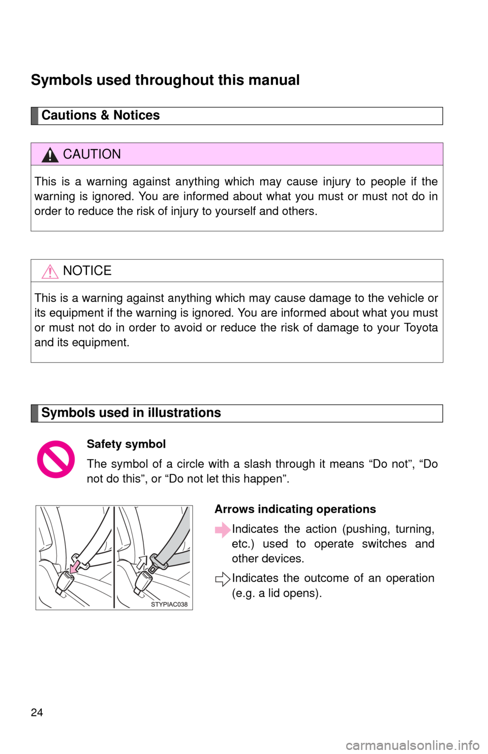 TOYOTA FJ CRUISER 2011 1.G Owners Manual 24
Symbols used throughout this manual
Cautions & Notices 
Symbols used in illustrations
CAUTION
This is a warning against anything which may cause injury to people if the
warning is ignored. You are 