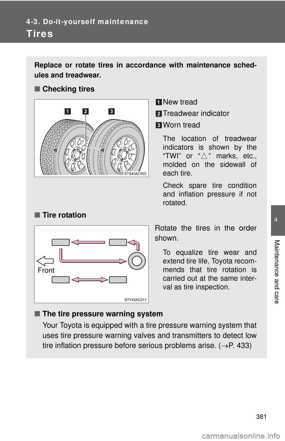 TOYOTA FJ CRUISER 2011 1.G Owners Manual 381
4-3. Do-it-yourself maintenance
4
Maintenance and care
Tires
Replace or rotate tires in accordance with maintenance sched-
ules and treadwear.
■Checking tires
New tread
Treadwear indicator
Worn 