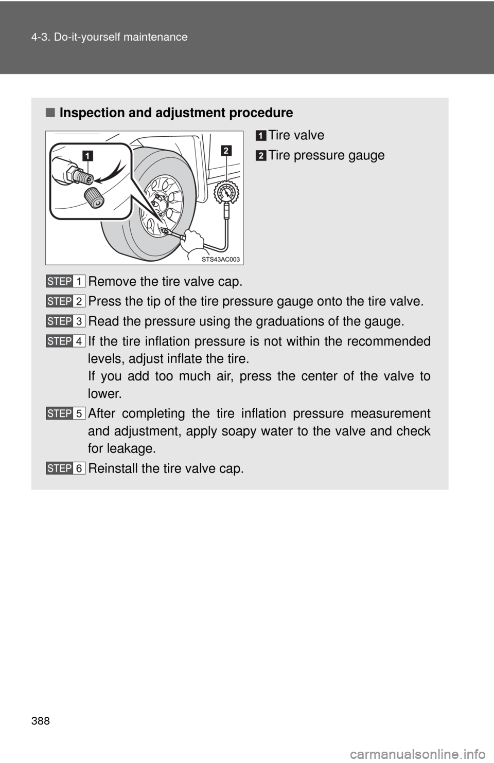 TOYOTA FJ CRUISER 2011 1.G Owners Manual 388 4-3. Do-it-yourself maintenance
■Inspection and adjustment procedure
Tire valve
Tire pressure gauge
Remove the tire valve cap.
Press the tip of the tire pressure gauge onto the tire valve.
Read 