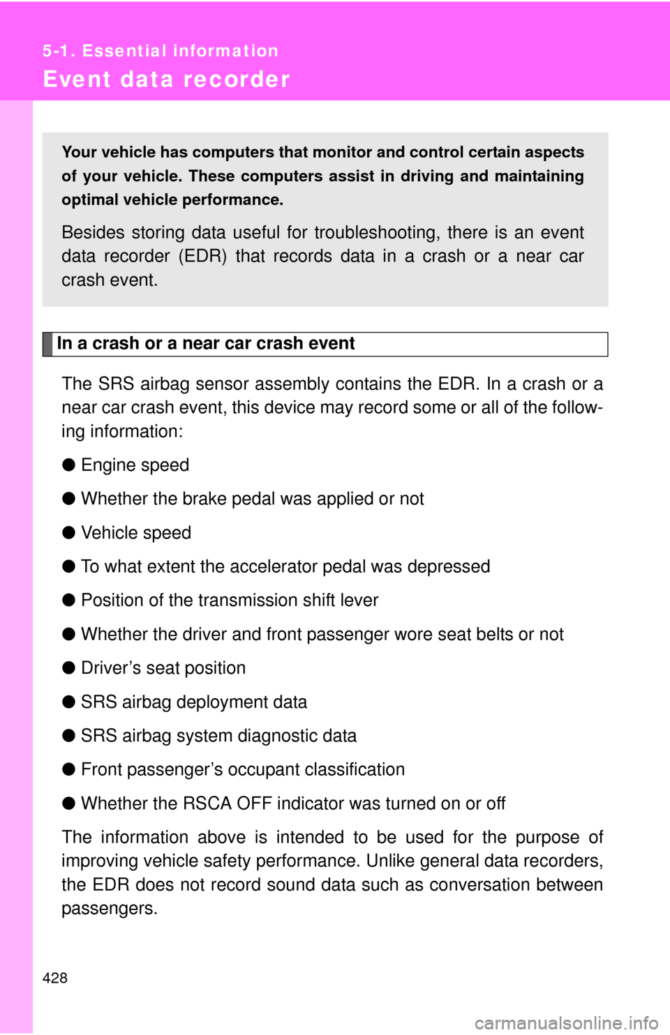 TOYOTA FJ CRUISER 2011 1.G Owners Manual 428
5-1. Essential information
Event data recorder
In a crash or a near car crash eventThe SRS airbag sensor assembly contains the EDR. In a crash or a
near car crash event, this device may record som TOYOTA FJ CRUISER 2011 1.G Owners Manual 428
5-1. Essential information
Event data recorder
In a crash or a near car crash eventThe SRS airbag sensor assembly contains the EDR. In a crash or a
near car crash event, this device may record som