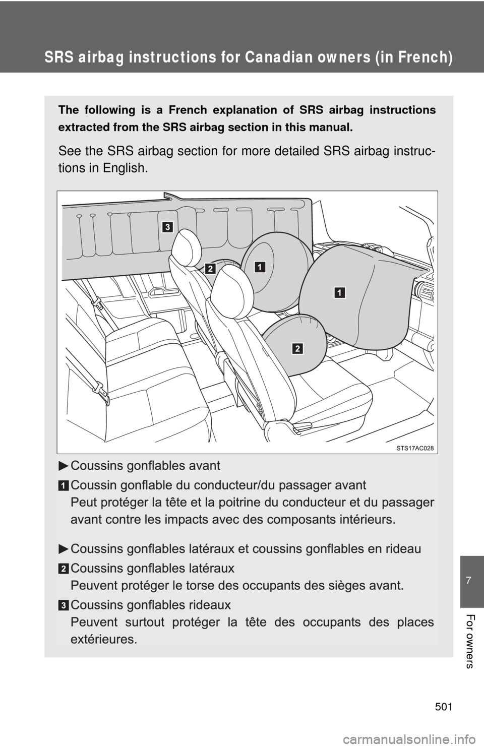 TOYOTA FJ CRUISER 2011 1.G Owners Manual 501
7
For owners
SRS airbag instructions for Canadian owners (in French)
The following is a French explanation of SRS airbag instructions
extracted from the SRS airbag section in this manual. 
See the