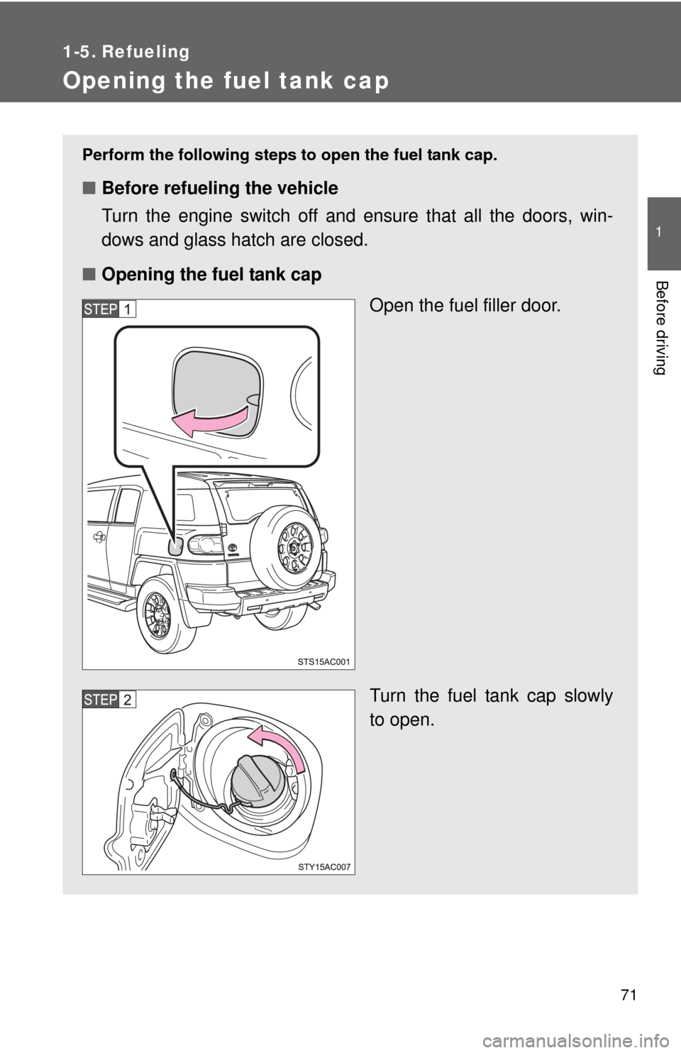 TOYOTA FJ CRUISER 2011 1.G Owners Manual 71
1
Before driving
1-5. Refueling
Opening the fuel tank cap
Perform the following steps to open the fuel tank cap.
■Before refueling the vehicle
Turn the engine switch off and ensure that all the d