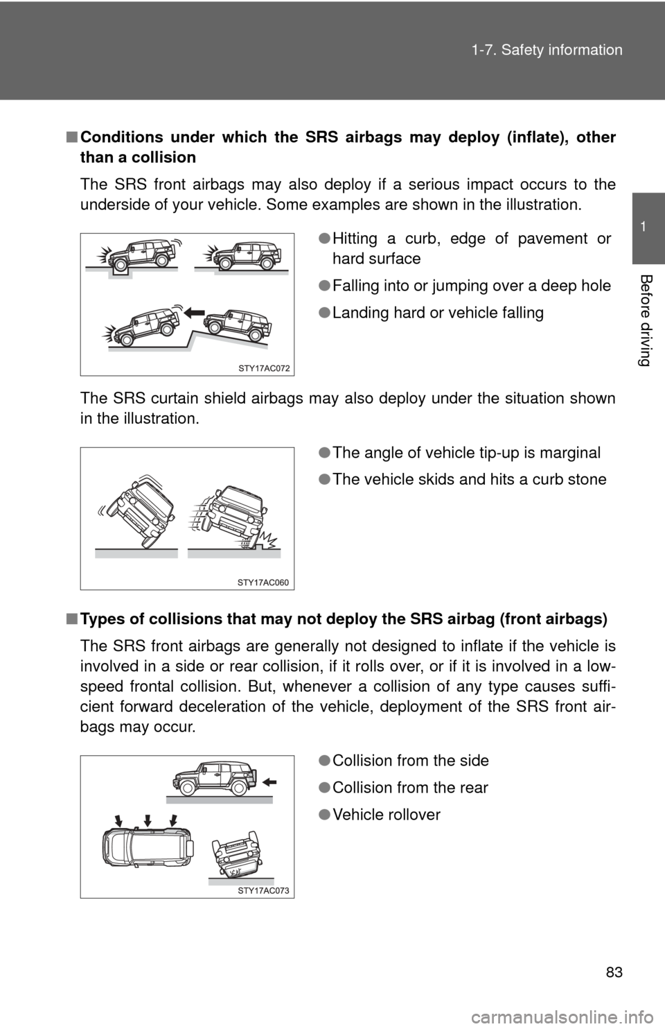 TOYOTA FJ CRUISER 2011 1.G Owners Manual 83
1-7. Safety information
1
Before driving
■
Conditions under which the SRS airbags may deploy (inflate), other
than a collision
The SRS front airbags may also deploy if a serious impact occurs to TOYOTA FJ CRUISER 2011 1.G Owners Manual 83
1-7. Safety information
1
Before driving
■
Conditions under which the SRS airbags may deploy (inflate), other
than a collision
The SRS front airbags may also deploy if a serious impact occurs to