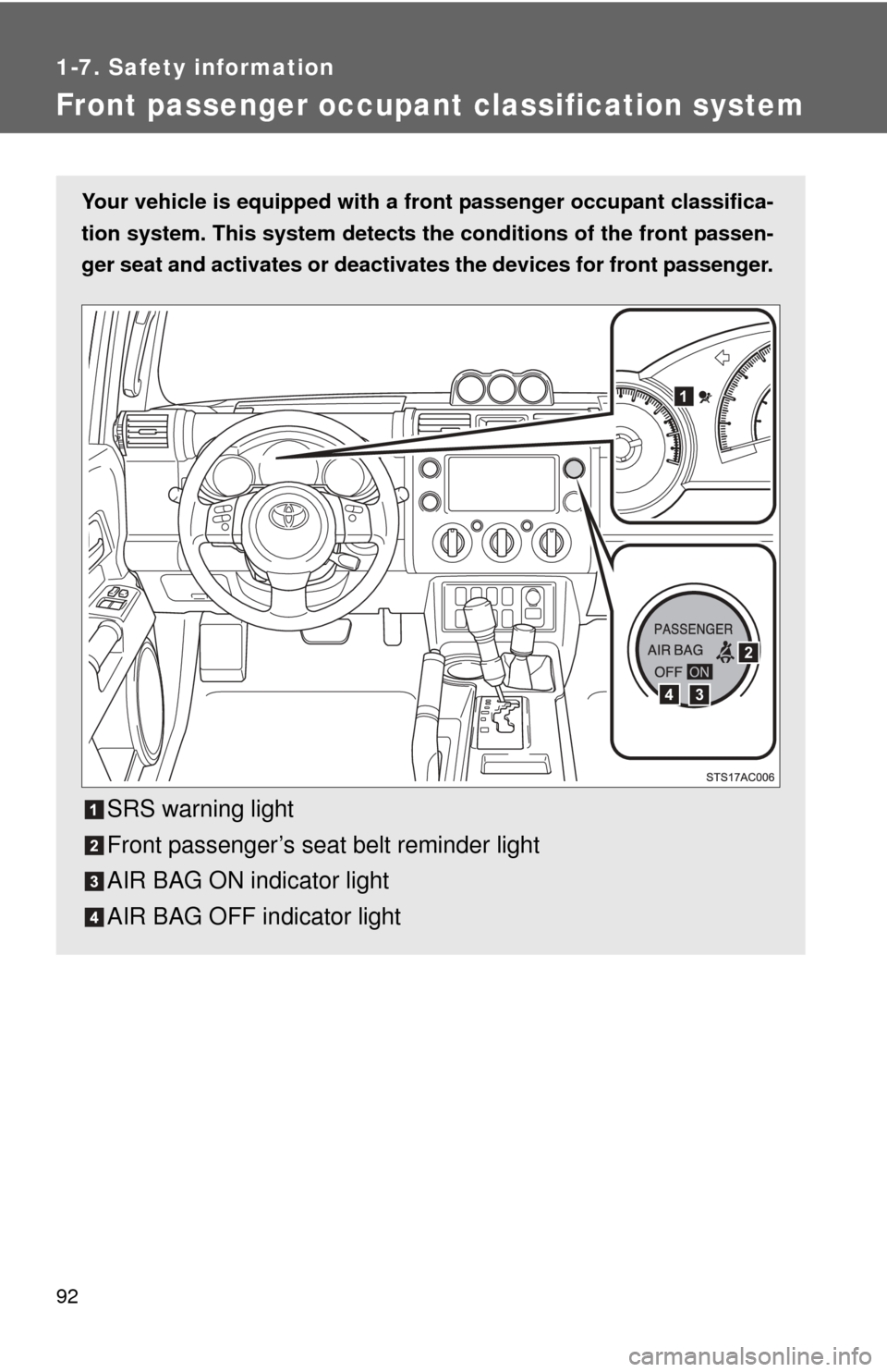 TOYOTA FJ CRUISER 2011 1.G Owners Manual 92
1-7. Safety information
Front passenger occupant classification system
Your vehicle is equipped with a front passenger occupant classifica-
tion system. This system detects the  conditions of the f