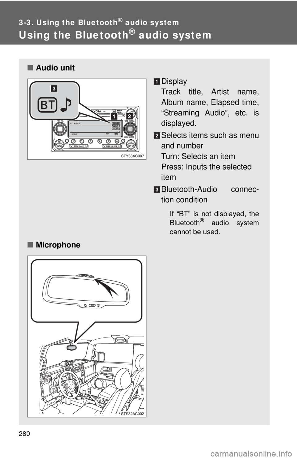 TOYOTA FJ CRUISER 2012 1.G Owners Manual 280
3-3. Using the Bluetooth® audio system
Using the Bluetooth® audio system
■Audio unit
Display 
Track title, Artist name,
Album name, Elapsed time,
“Streaming Audio”, etc. is
displayed.
Sele