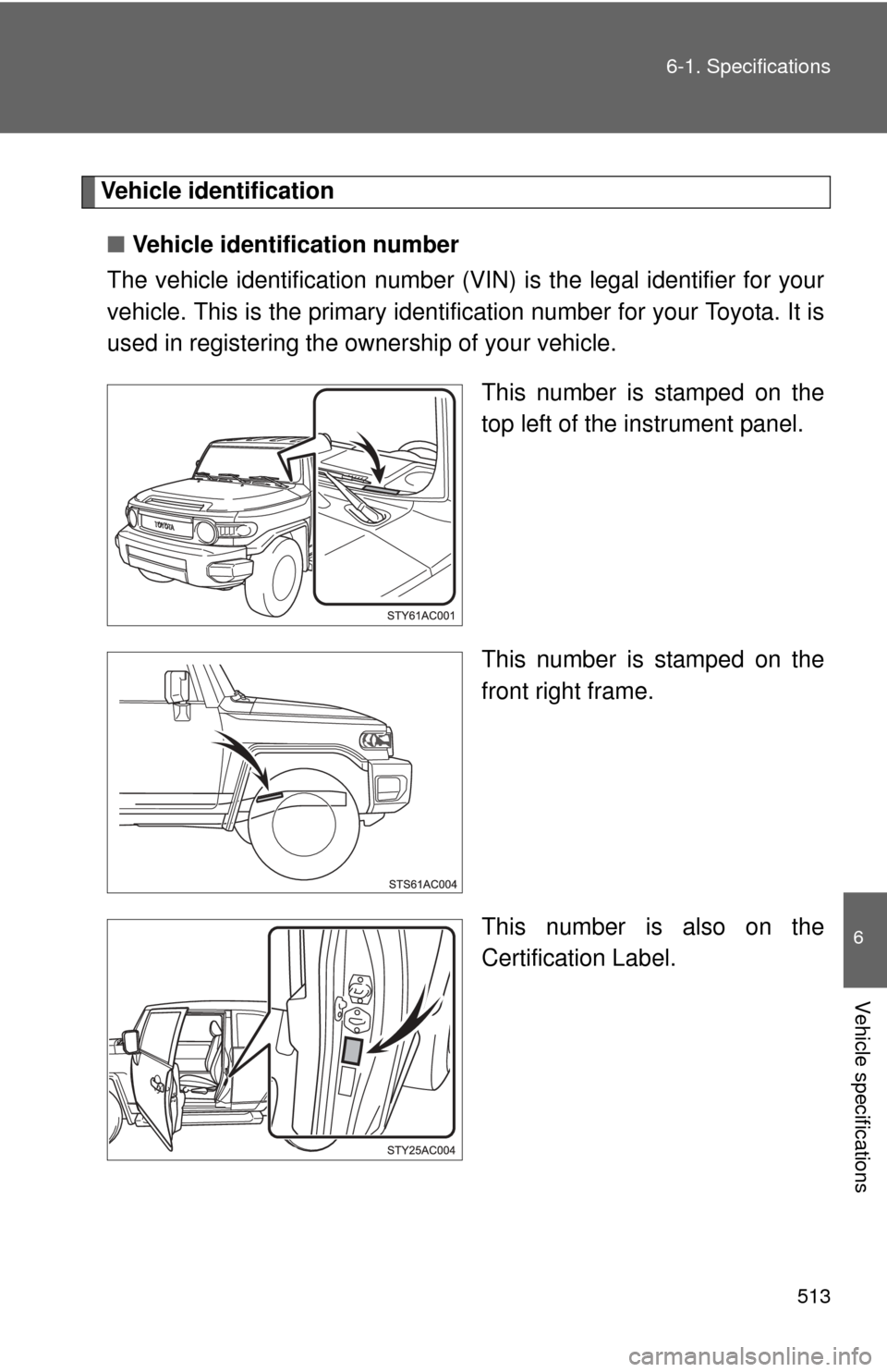 TOYOTA FJ CRUISER 2014 1.G Owners Manual 513
6-1. Specifications
6
Vehicle specifications
Vehicle identification
■ Vehicle identification number
The vehicle identificati on number (VIN) is the legal identifier for your
vehicle. This is the