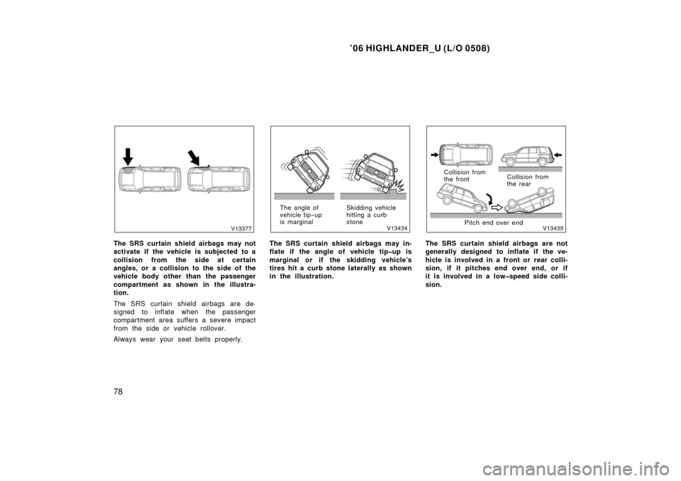 TOYOTA HIGHLANDER 2006 XU20 / 1.G Owners Manual ’06 HIGHLANDER_U (L/O 0508)
78
The SRS curtain shield airbags may not
activate if the vehicle is subjected to a
collision from the side at certain
angles, or a collision to the side of the
vehicle b