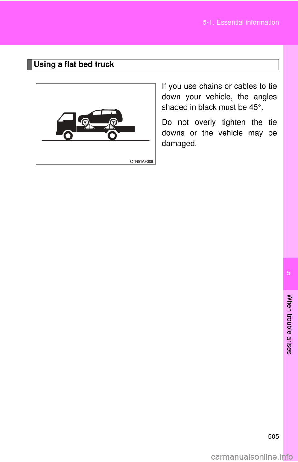 TOYOTA HIGHLANDER 2009 XU40 / 2.G Owners Manual 5
When trouble arises
505
5-1. Essential information
Using a flat bed truck
If you use chains or cables to tie
down your vehicle, the angles
shaded in black must be 45°.
Do not overly tighten the tie