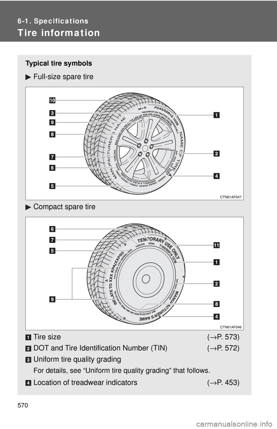 TOYOTA HIGHLANDER 2009 XU40 / 2.G Owners Manual 570
6-1. Specifications
Tire information
Typical tire symbols
Full-size spare tire
Compact spare tire
Tire size (→P. 573)
DOT and Tire Identification Number (TIN) ( →P. 572)
Uniform tire quality g