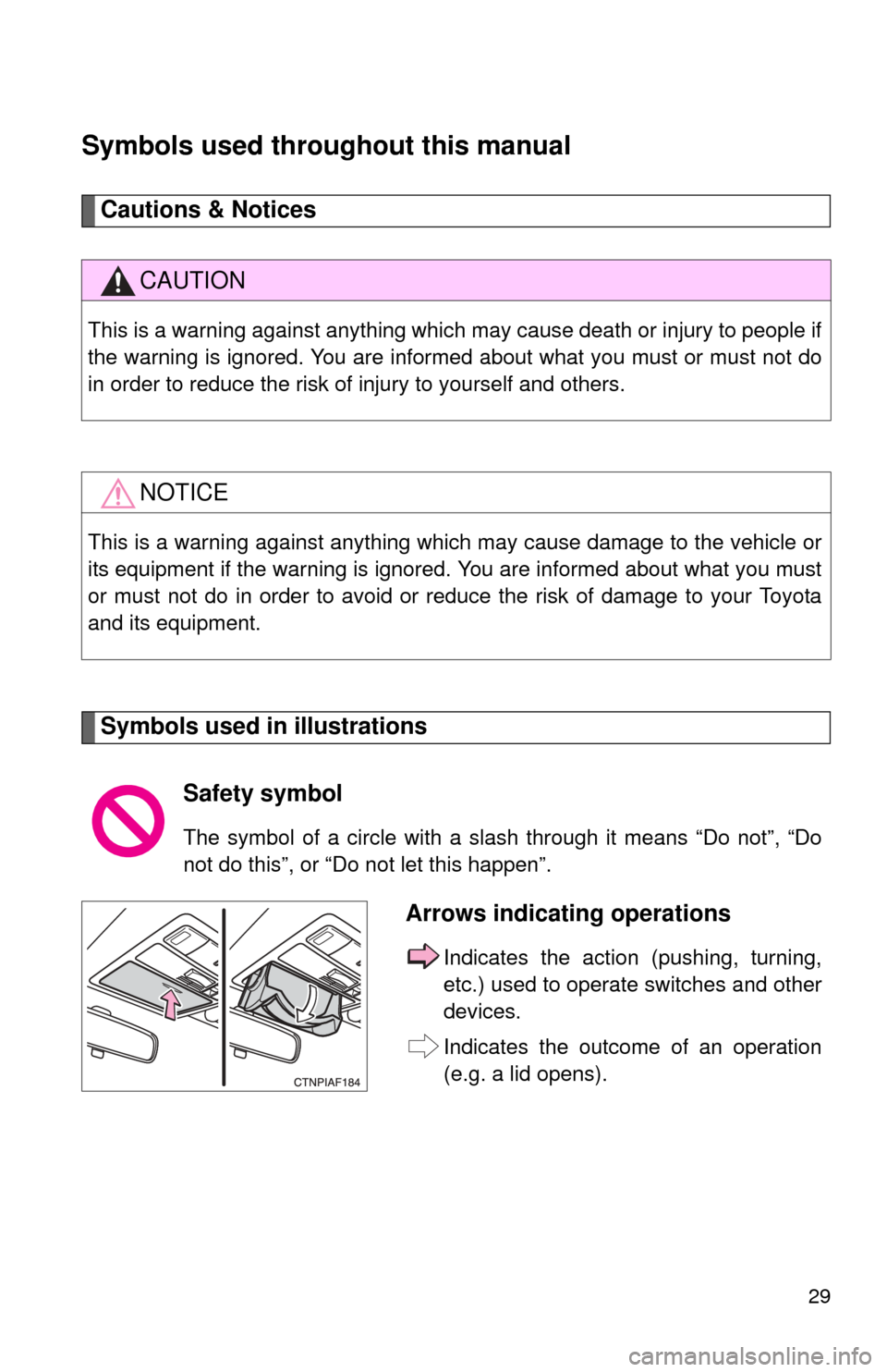 TOYOTA HIGHLANDER 2012 XU40 / 2.G Owners Manual 29
Symbols used throughout this manual
Cautions & Notices 
Symbols used in illustrations
CAUTION
This is a warning against anything which may cause death or injury to people if
the warning is ignored.