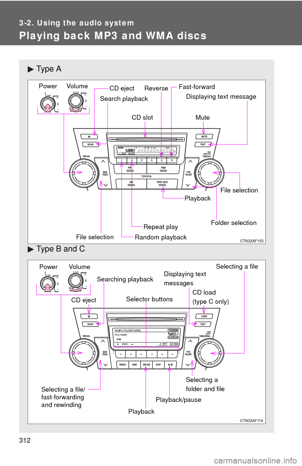 TOYOTA HIGHLANDER 2012 XU40 / 2.G Owners Manual 312
3-2. Using the audio system
Playing back MP3 and WMA discs
Ty p e  A
Type B and C
Vol um eRandom playback
File selection Repeat playPlayback
PowerCD eject
Displaying text messageSearch playback
CD