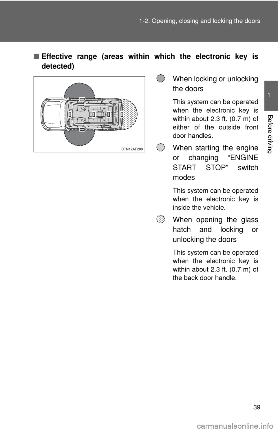 TOYOTA HIGHLANDER 2012 XU40 / 2.G Owners Manual 39
1-2. Opening, closing and locking the doors
1
Before driving
■
Effective range (areas within which the electronic key is
detected)
When locking or unlocking
the doors
This system can be operated
