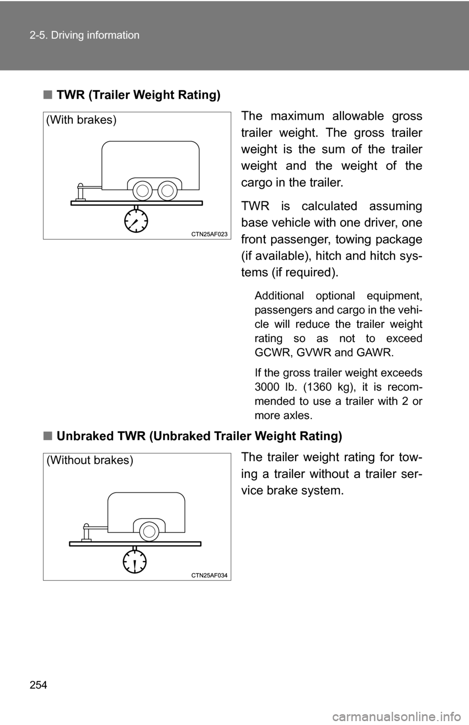 TOYOTA HIGHLANDER 2013 XU50 / 3.G Owners Manual 254 2-5. Driving information
■TWR (Trailer Weight Rating)
The maximum allowable gross
trailer weight. The gross trailer
weight is the sum of the trailer
weight and the weight of the
cargo in the tra
