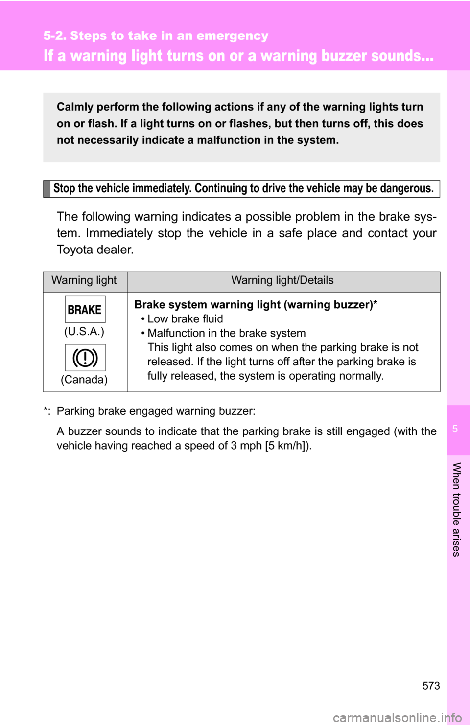 TOYOTA HIGHLANDER 2013 XU50 / 3.G Owners Manual 5
When trouble arises
573
5-2. Steps to take in an emergency
If a war ning light turns on or a war ning buzzer sounds...
Stop the vehicle immediately. Continuing to drive the vehicle may be dangerous.