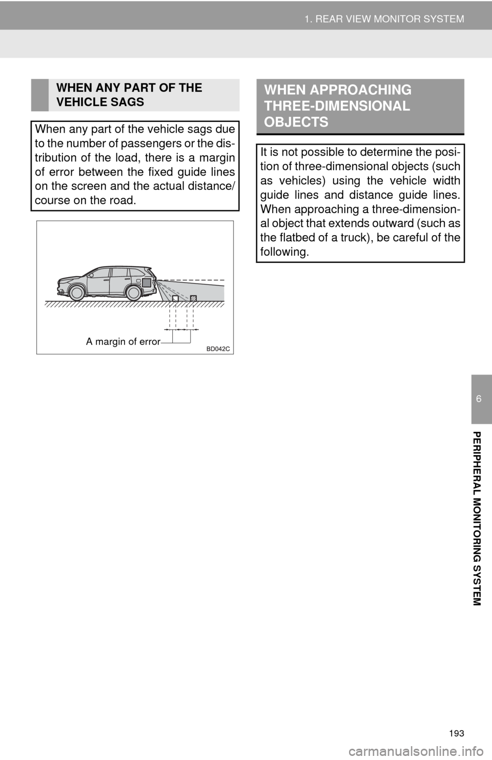 TOYOTA HIGHLANDER 2014 XU50 / 3.G Navigation Manual 193
1. REAR VIEW MONITOR SYSTEM
6
PERIPHERAL MONITORING SYSTEM
WHEN ANY PART OF THE 
VEHICLE SAGS
When any part of the vehicle sags due
to the number of passengers or the dis-
tribution of the load, t