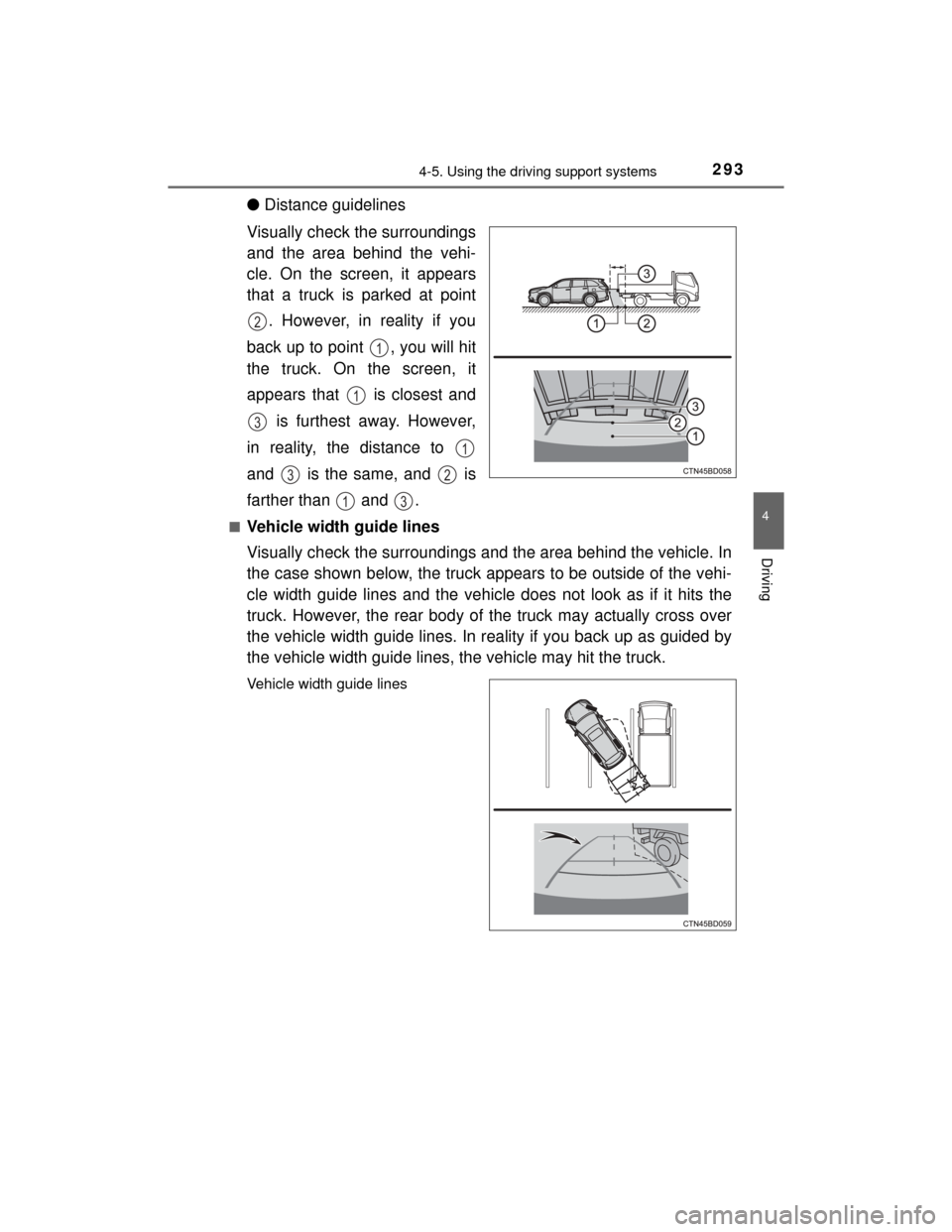 TOYOTA HIGHLANDER 2014 XU50 / 3.G Owners Manual 2934-5. Using the driving support systems
4
Driving
HIGHLANDER_U (OM48A12U)
●Distance guidelines
Visually check the surroundings
and the area behind the vehi-
cle. On the screen, it appears
that a t