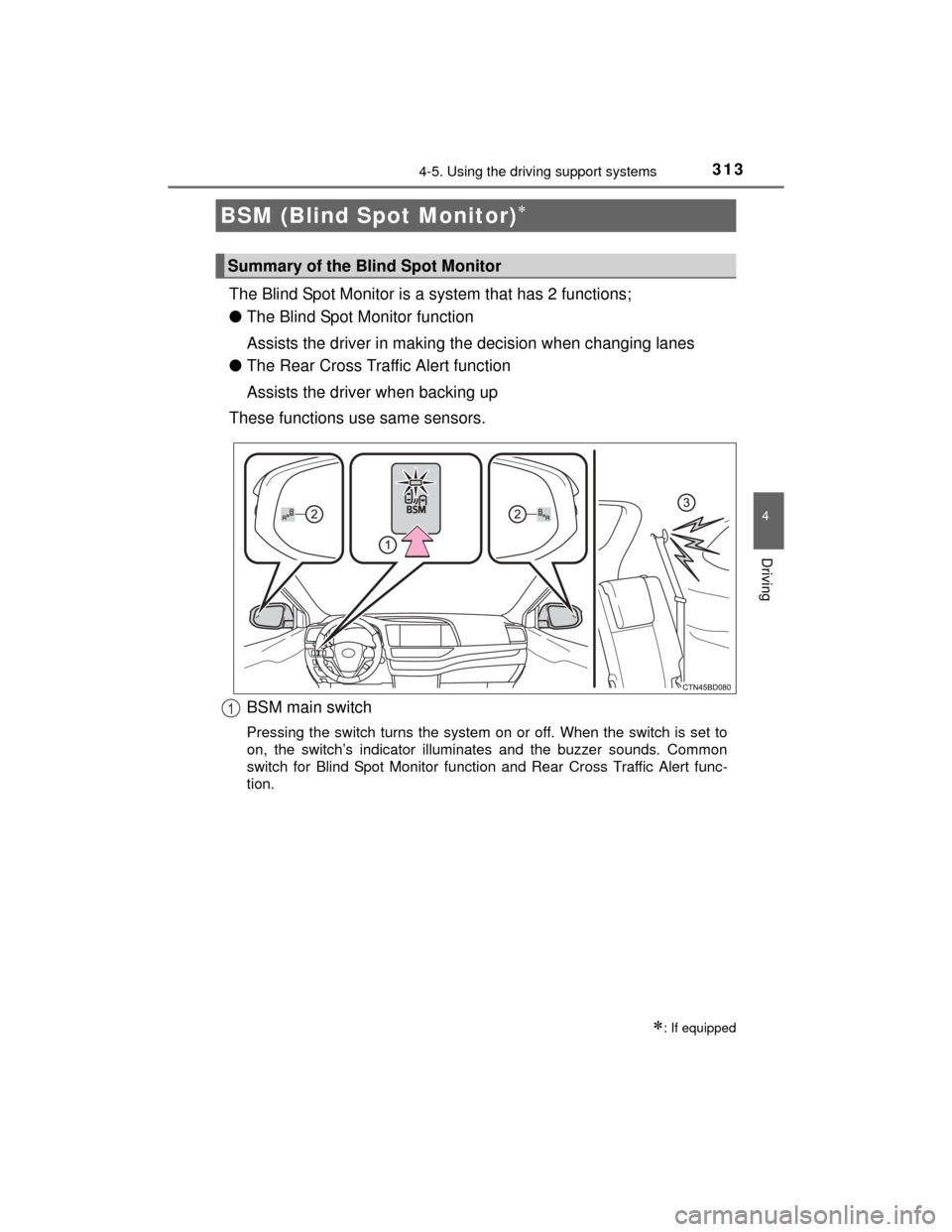 TOYOTA HIGHLANDER 2014 XU50 / 3.G Owners Manual 3134-5. Using the driving support systems
4
Driving
HIGHLANDER_U (OM48A12U)
The Blind Spot Monitor is a system that has 2 functions;
●The Blind Spot Monitor function
Assists the driver in making the